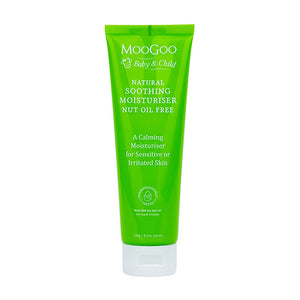 MooGoo Baby & Child Soothing Nut Oil Free Moisturiser on white background, gentle daily lotion for nut-sensitive children and delicate skin care
