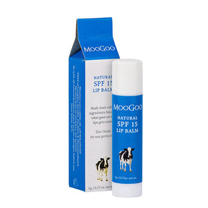 MooGoo Natural SPF 15 Lip Balm displayed upright in packaging, hydrating sun protective lip care with zinc oxide for smooth, moisturised lips.