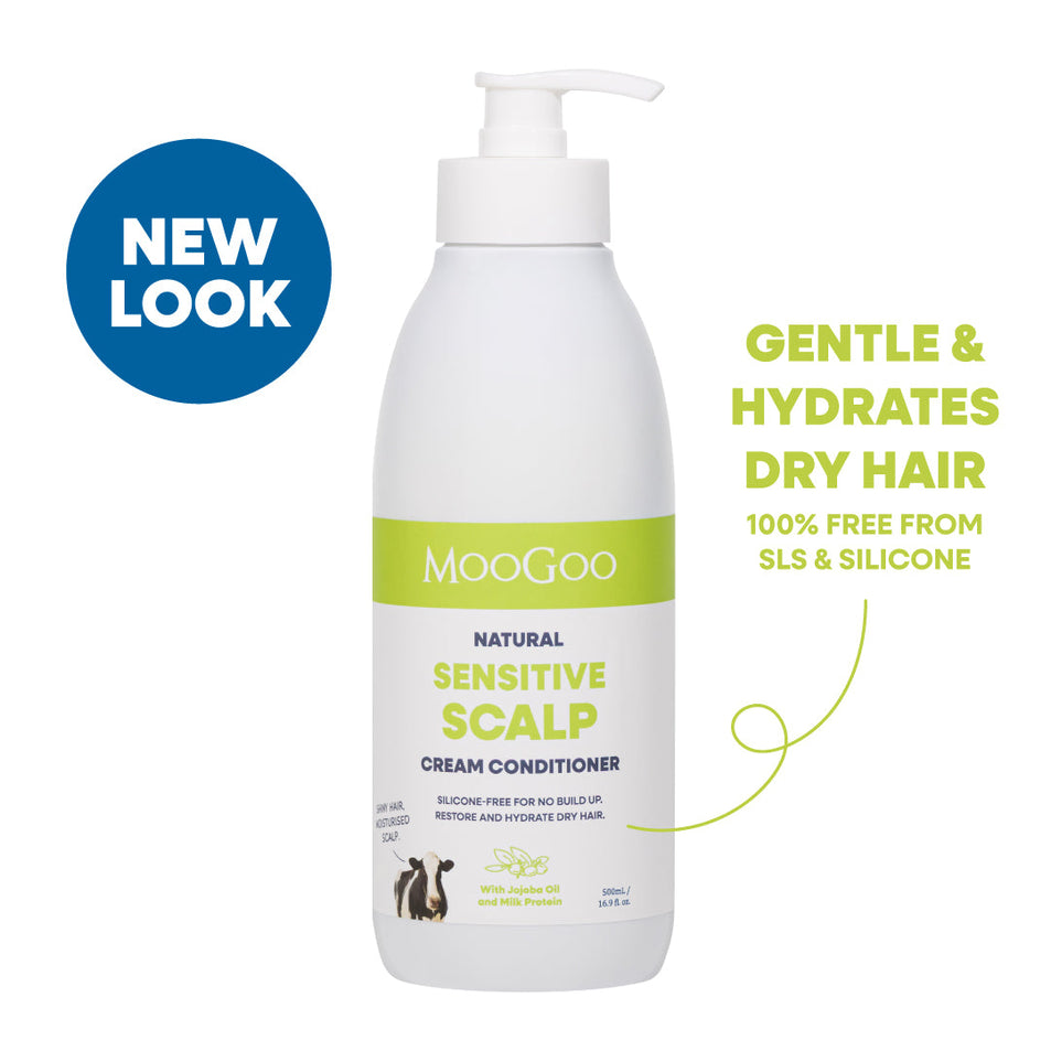 MooGoo Natural Sensitive Scalp Cream Conditioner bottle on a white background with a blue 'NEW LOOK' badge and green text highlighting gentle hydration for dry hair. Silicone free hair conditioner with jojoba oil and milk protein for sensitive scalps and all hair types.