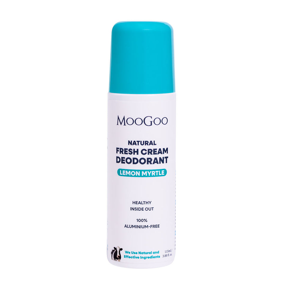 MooGoo Fresh Cream Deodorant Lemon Myrtle displayed on clean white backdrop, natural roll-on with light citrus fragrance and alkaline formula, natural roll-on formula to control odour without irritation