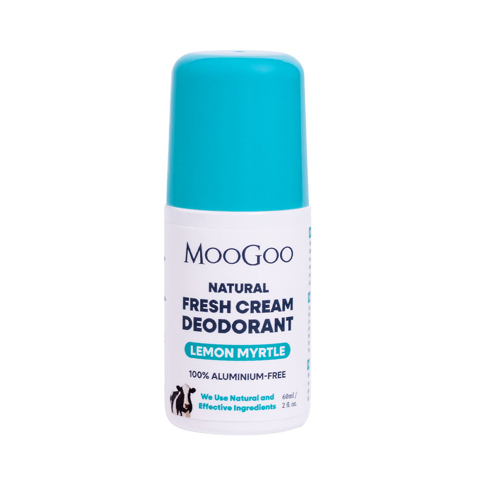 MooGoo Fresh Cream Deodorant Lemon Myrtle displayed on clean white backdrop, natural roll-on with light citrus fragrance and alkaline formula, natural roll-on formula to control odour without irritation