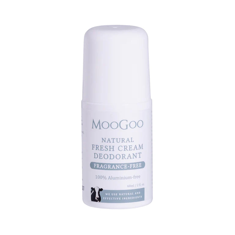 Natural Fresh Cream Deodorant Sensitive fragrance free variant by MooGoo, aluminium free deodorant on plain backdrop for delicate underarms
