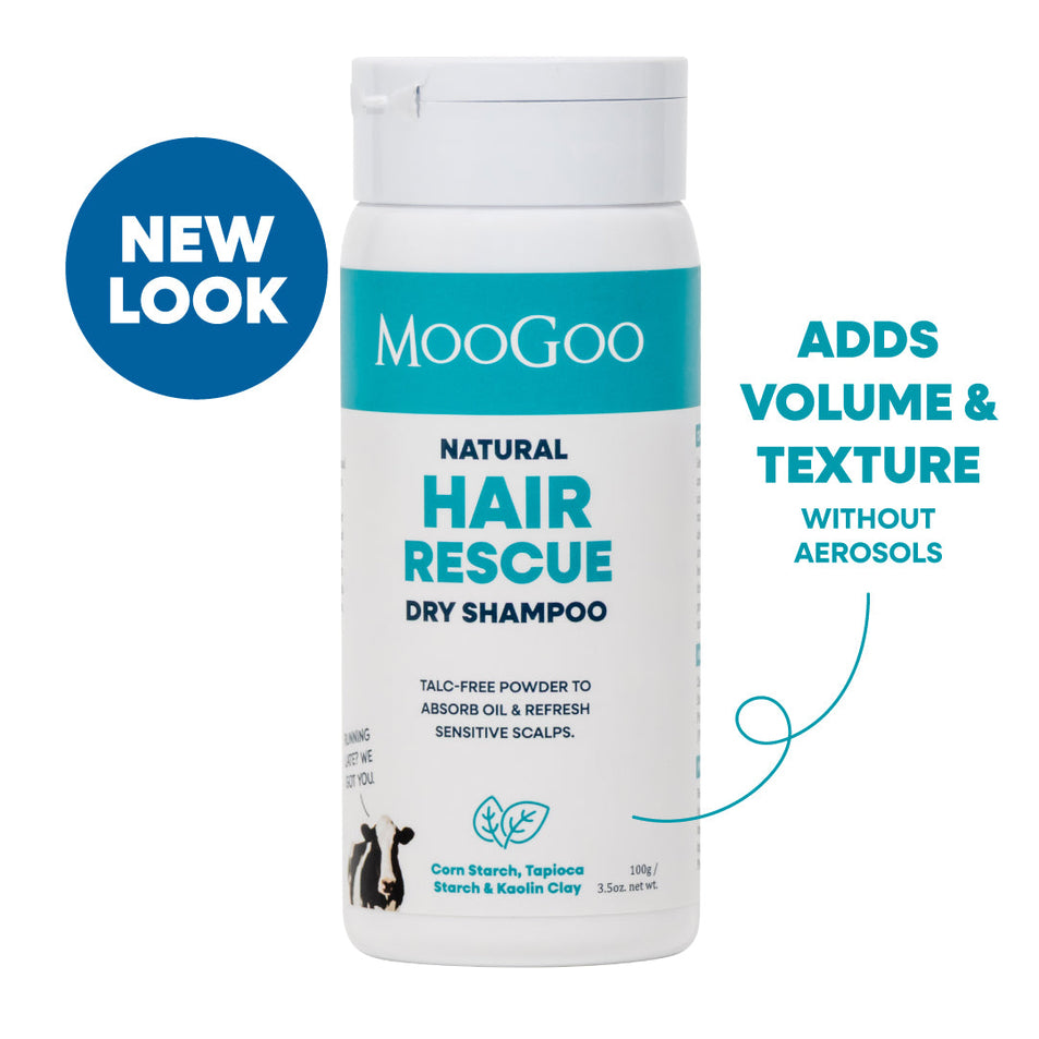 MooGoo Natural Hair Rescue Dry Shampoo bottle with a white cap and white label featuring teal branding. Natural talc free formula. Adds volume and texture without aerosols.