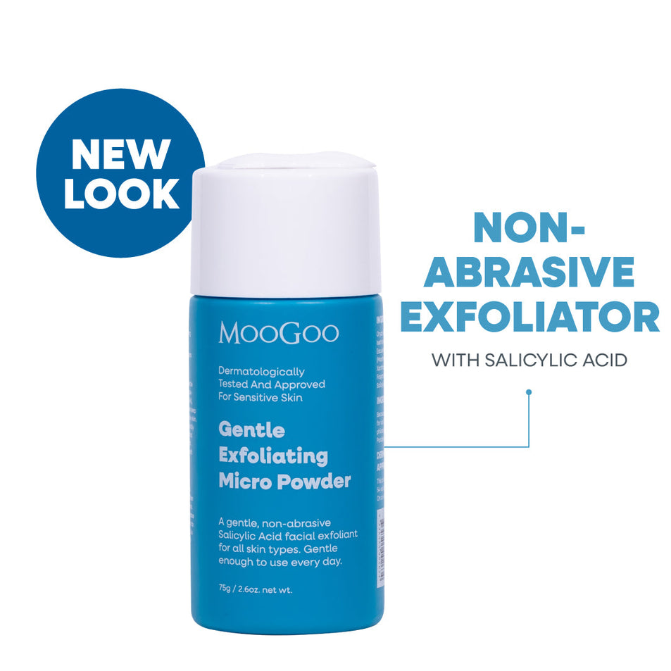 MooGoo Gentle Exfoliating Micro Powder in a blue bottle with a white cap, shown on a white background. Non-abrasive salicylic acid facial exfoliant with rice bran powder, gently exfoliates and smoothes skin.