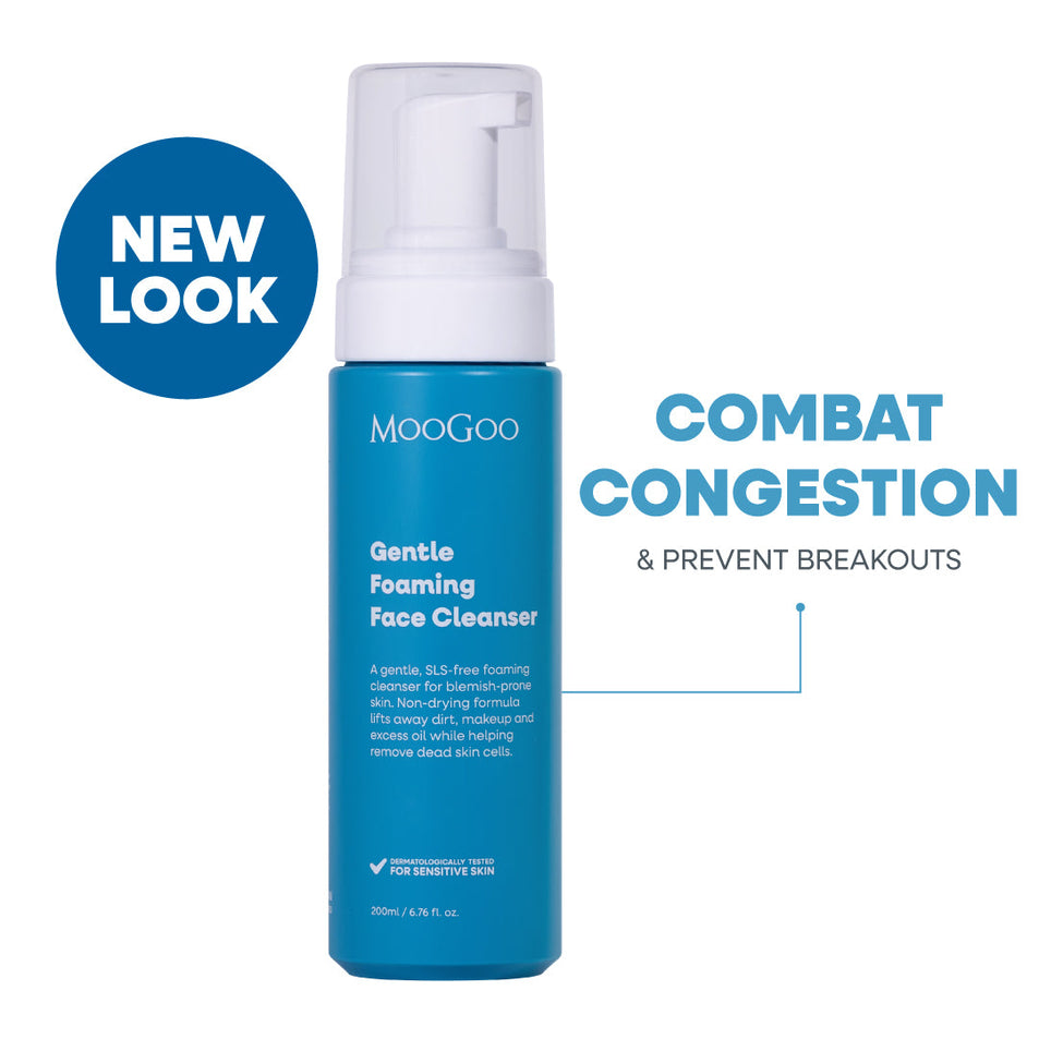 MooGoo Gentle Foaming Face Cleanser on white background, natural non-clogging SLS-free cleanser to combat congestion and breakouts, clarify and soothe skin.