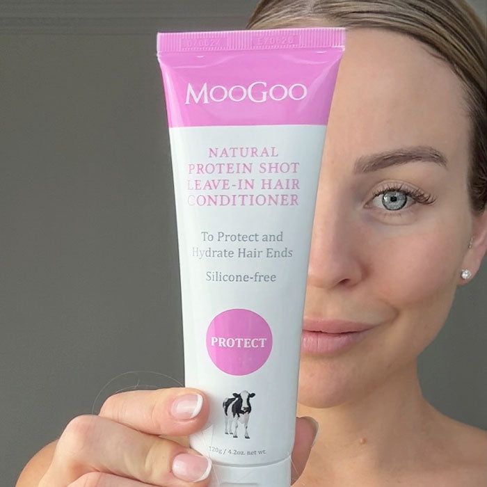 MooGoo Protein Shot Leave-In Conditioner shown by model, silicone-free hair care to hydrate and protect hair ends