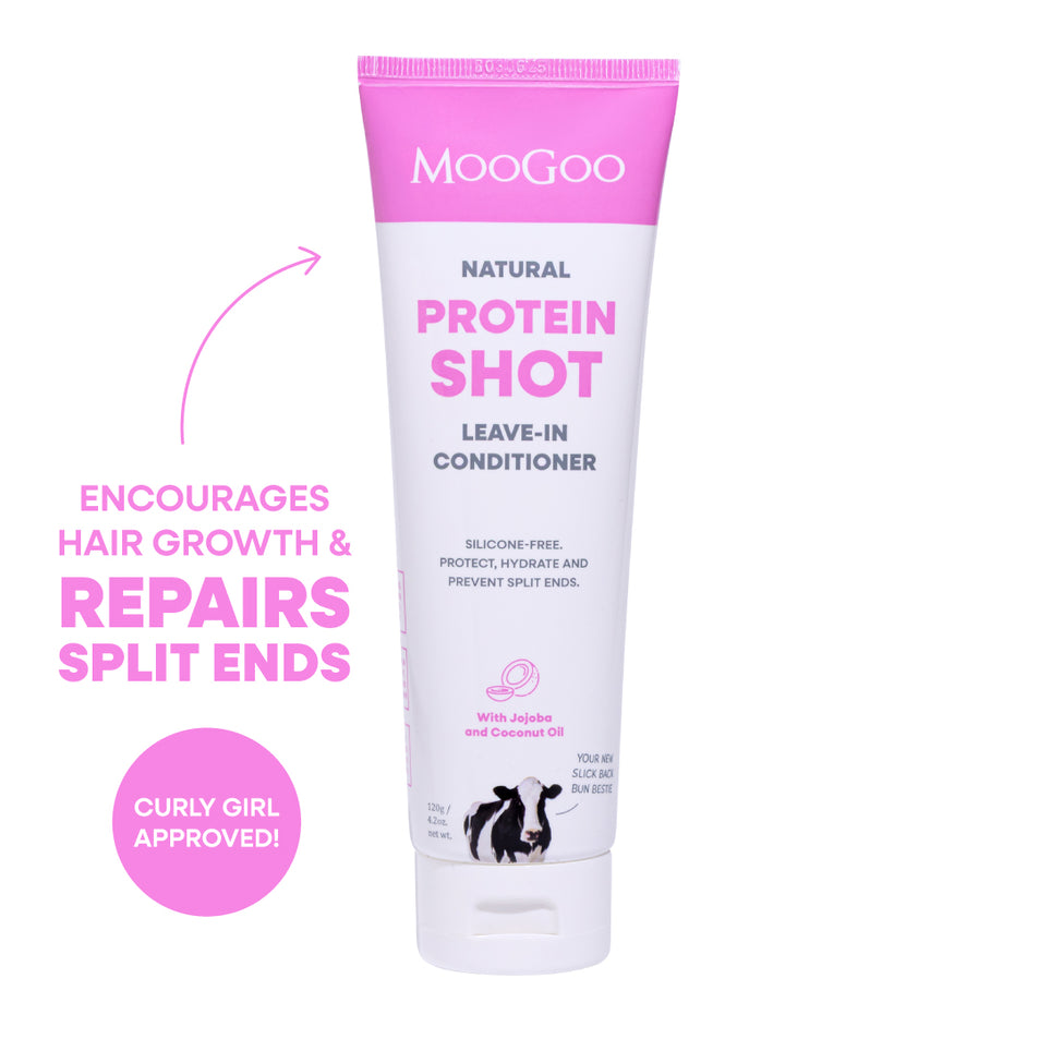 MooGoo Protein Shot Leave-In Conditioner 120g tube on white background, natural silicone-free formula for split ends and hair protection.