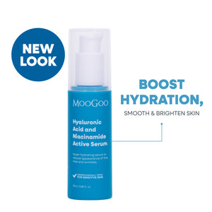 MooGoo Hyaluronic Acid and Niacinamide Active Serum in a bright blue pump bottle with a white cap, shown on a white background. Hydrating face serum with vitamin B3 for fine lines and wrinkles, regulate oil and retain moisture.