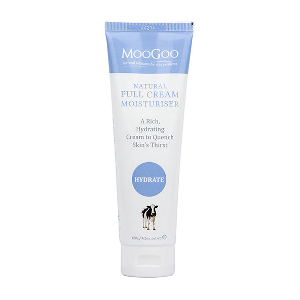 Natural Full Cream Moisturiser by MooGoo shown against plain backdrop, everyday face and body cream to boost elasticity and hydrate sensitive skin