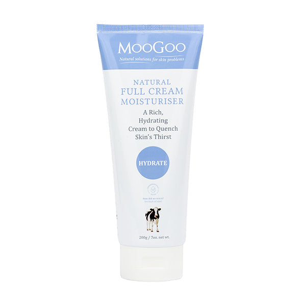 Natural Full Cream Moisturiser by MooGoo shown against plain backdrop, everyday face and body cream to boost elasticity and hydrate sensitive skin