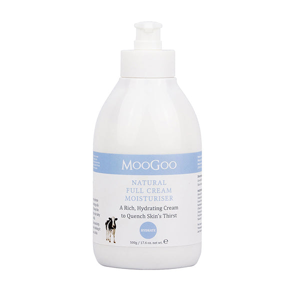 Natural Full Cream Moisturiser by MooGoo shown against plain backdrop, everyday face and body cream to boost elasticity and hydrate sensitive skin