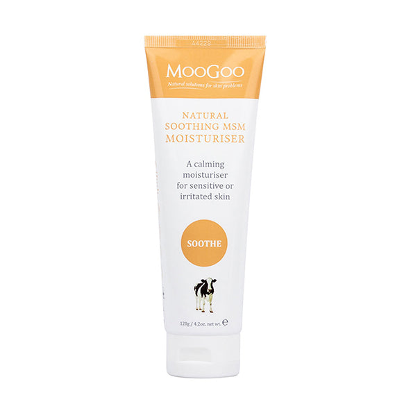 MooGoo Soothing MSM Moisturiser on white background, natural moisturiser with MSM and aloe vera to relieve itchiness, dryness and rosacea sensitivity