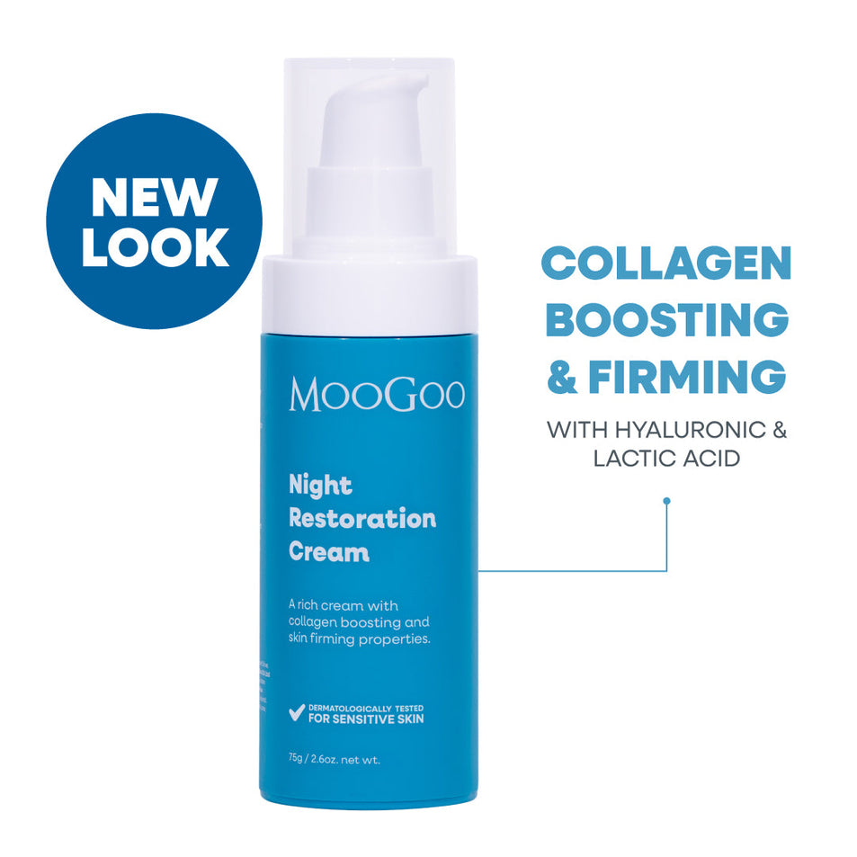 MooGoo Night Restoration Cream in a blue pump bottle with a white cap, shown on a white background. Collagen boosting and firming night cream, 75g pump bottle with hyaluronic acid and lactic acid.