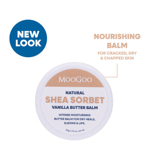 MooGoo Natural Shea Sorbet Vanilla Butter Balm in a round white jar with a white lid, featuring a beige label band on a white background. Natural butter balm for dry, chapped and cracked skin. With Hemp, Shea and Oils.
