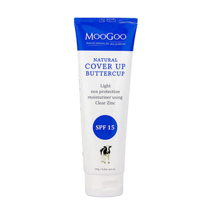 MooGoo Natural Cover Up Buttercup SPF 15 displayed on plain backdrop, light zinc moisturiser with antioxidant protection for all skin types