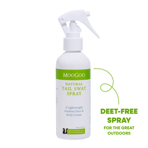 A white spray bottle of MooGoo Natural Tail Swat Spray with a green label, shown on a white background. DEET-Free gentle moisturising body spray with hops extract, ideal for outdoor activities and sensitive skin types.